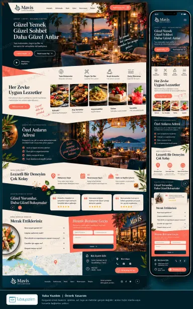 Sample website design for a cafe and restaurant: teal layout with coastal hero, signature dishes, FAQ and booking form
