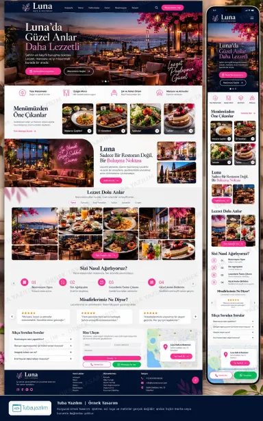 Sample website design for a cafe and restaurant: cream and magenta layout with seaside hero, menu highlights and map