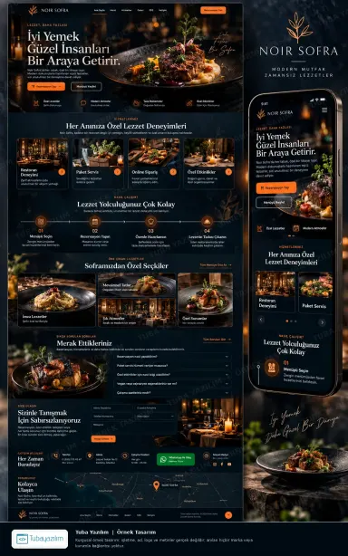 Sample website design for a restaurant: dark candle-lit layout with dish hero, experience cards and process steps