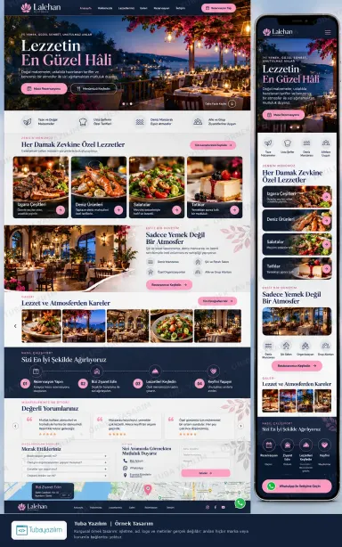 Sample website design for a restaurant hall: navy and floral layout with garden dining hero, dish grid and reservation panel