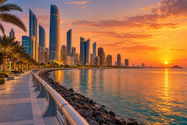 AI-generated illustration of the Abu Dhabi Corniche skyline at sunset