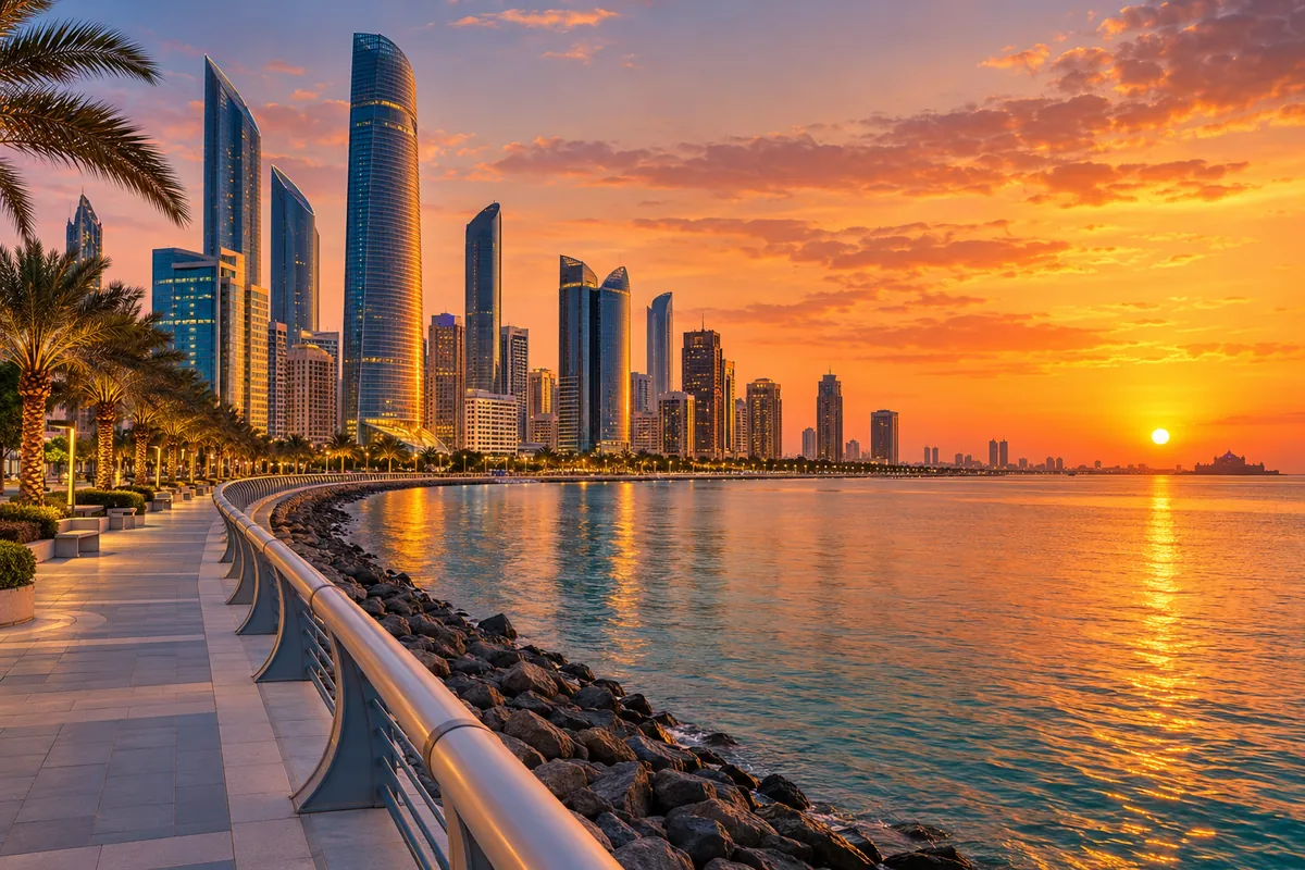 AI-generated illustration of the Abu Dhabi Corniche skyline at sunset