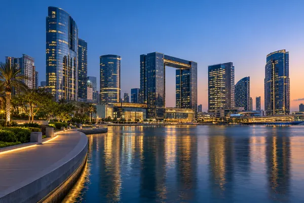 AI-generated illustration of the Al Maryah Island financial district waterfront in Abu Dhabi at blue hour