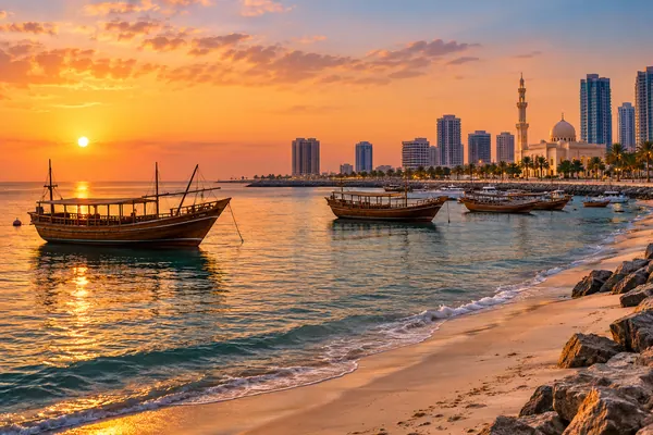 AI-generated illustration of a dhow boat and the Ajman Corniche at sunset