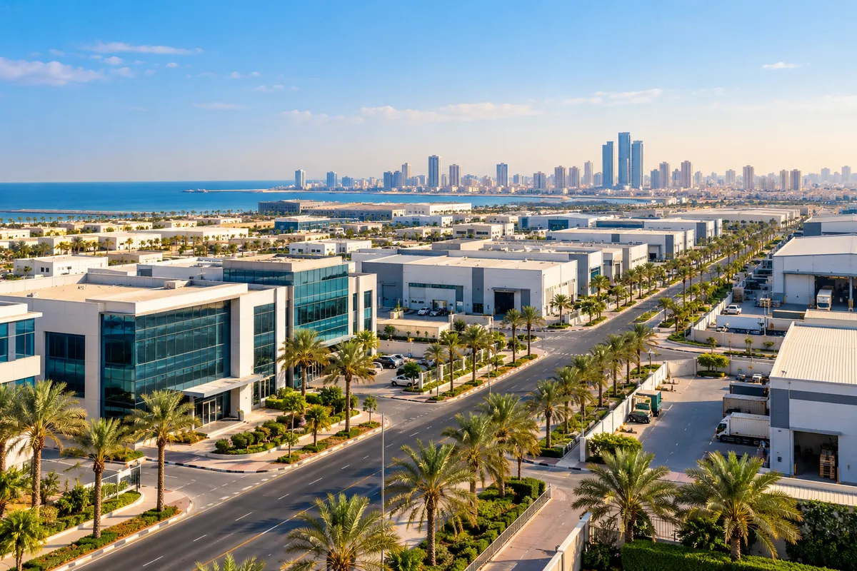 AI-generated illustration of business centres and warehouses in Ajman Free Zone in morning light