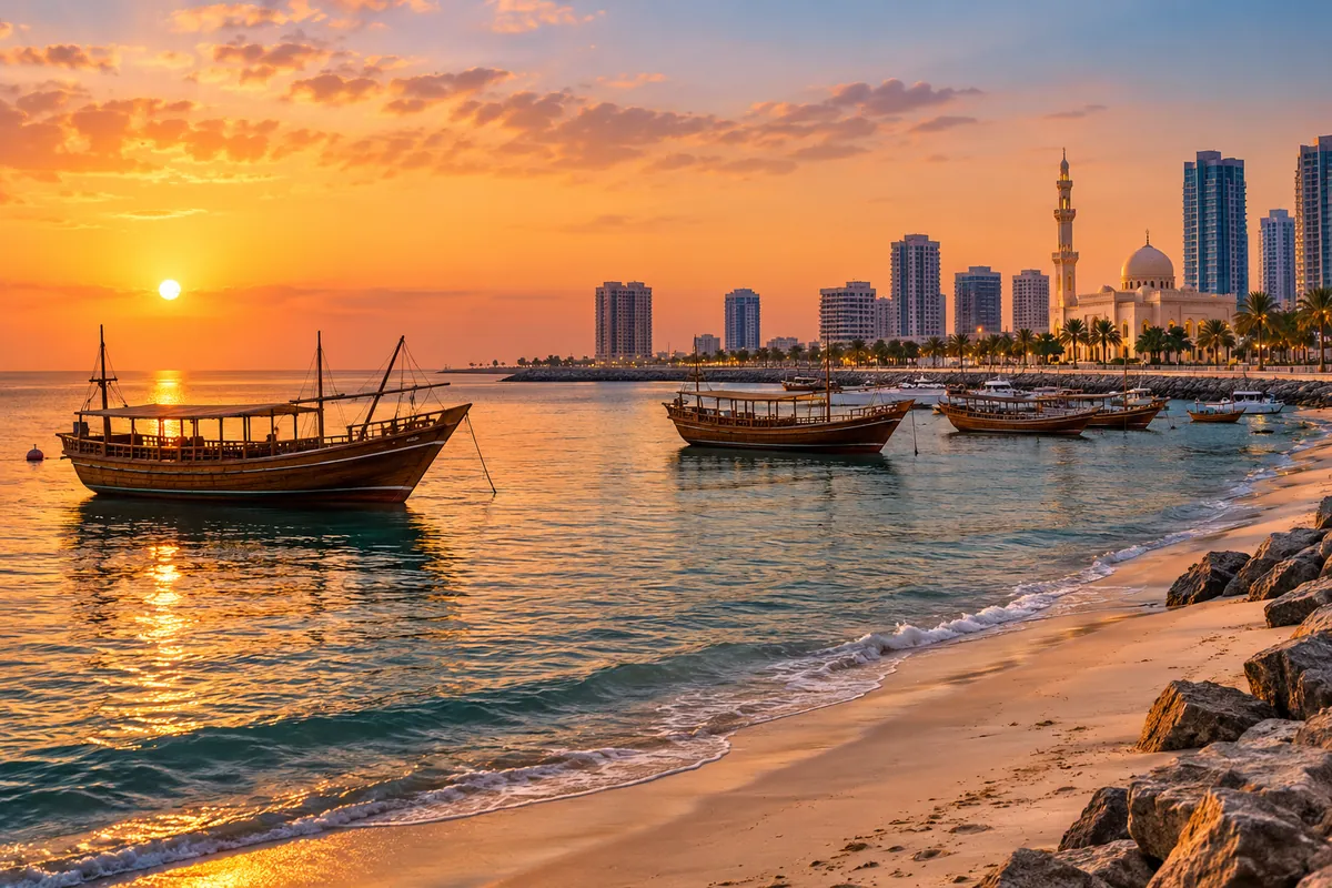 AI-generated illustration of a dhow boat and the Ajman Corniche at sunset