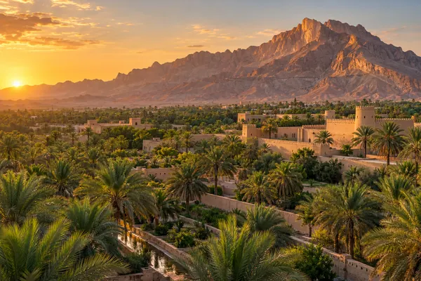 AI-generated illustration of the Al Ain palm oasis with a fort and Jebel Hafeet at golden hour