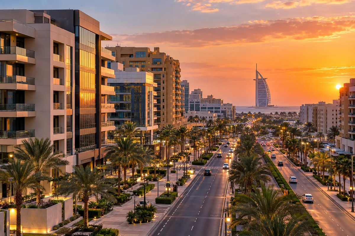 AI-generated illustration of Al Barsha in Dubai at sunset with a distant sail-shaped hotel on the horizon