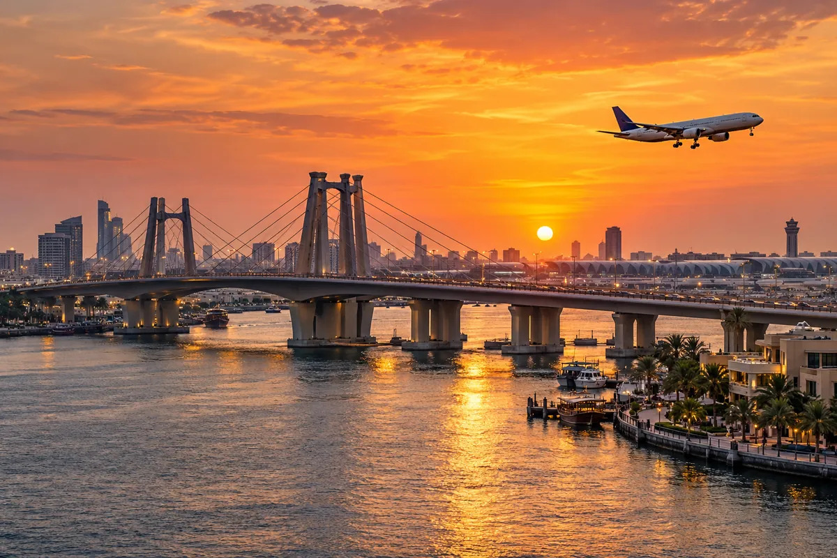 AI-generated illustration of a bridge over Dubai Creek in Al Garhoud with an airliner at sunset