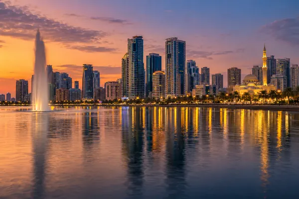 AI-generated illustration of the Al Majaz waterfront lagoon and fountain in Sharjah at dusk