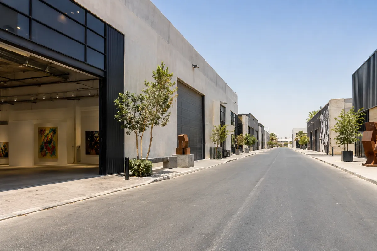 AI-generated illustration of a warehouse and gallery district street in Al Quoz
