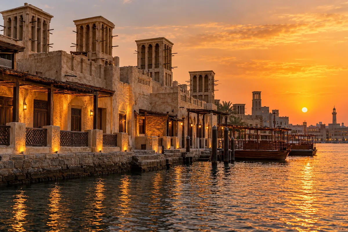 AI-generated illustration of traditional wind-tower houses by Dubai Creek in Bur Dubai