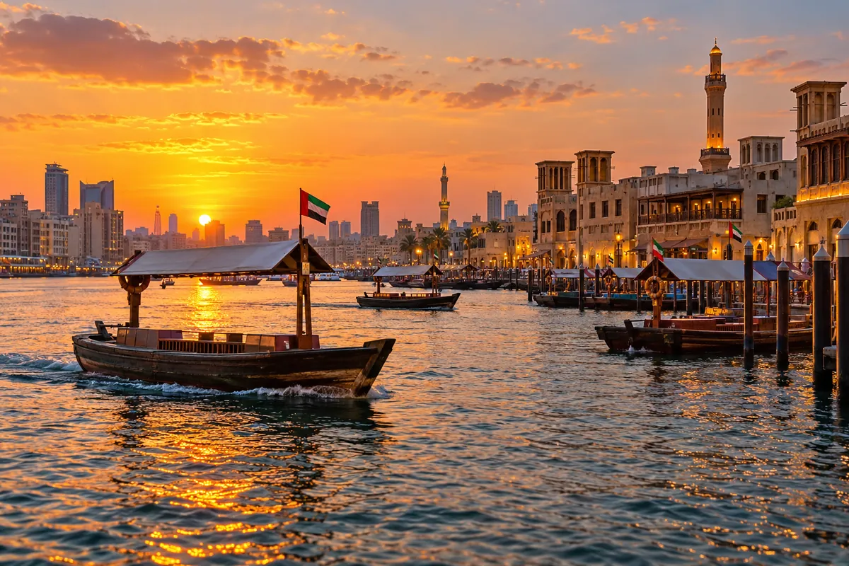 AI-generated illustration of abra boats on Dubai Creek in Deira at sunset