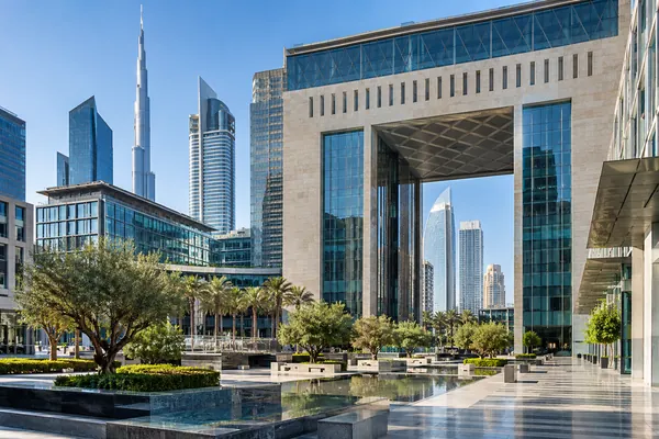 AI-generated illustration of a modern arched office building and plaza in a financial centre