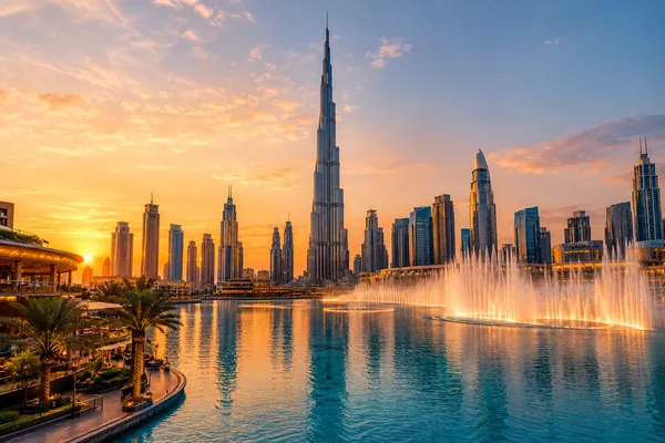 AI-generated illustration of the Downtown Dubai skyline at sunset