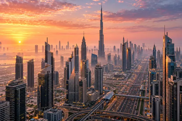 AI-generated illustration of the Dubai skyline and Sheikh Zayed Road at dawn