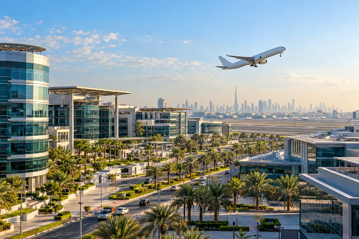 AI-generated illustration of modern office buildings in Dubai Airport Free Zone with an aircraft taking off