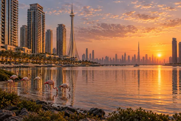 AI-generated illustration of Dubai Creek Harbour with towers, a lagoon and flamingos at sunset