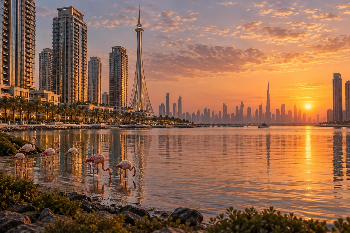 AI-generated illustration of Dubai Creek Harbour with towers, a lagoon and flamingos at sunset