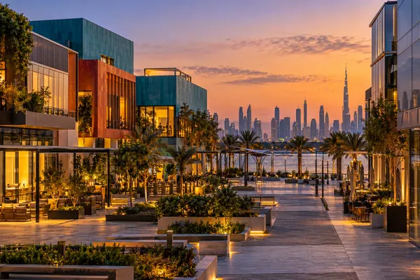 AI-generated illustration of the creative campus of Dubai Design District at dusk