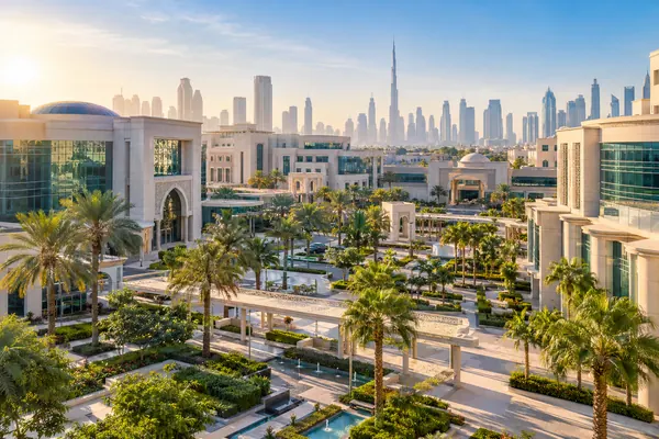 AI-generated illustration of the medical campus of Dubai Healthcare City in calm morning light