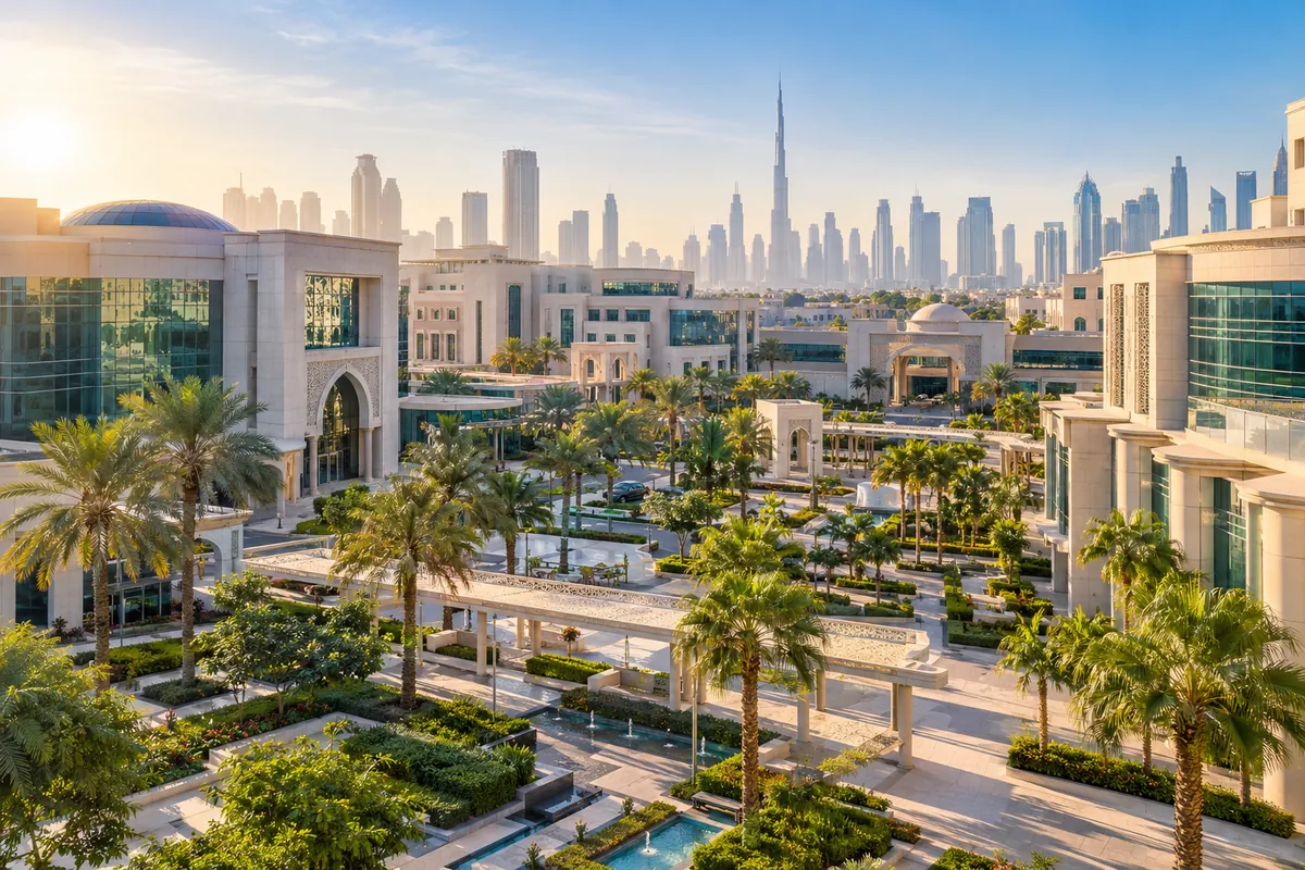 AI-generated illustration of the medical campus of Dubai Healthcare City in calm morning light