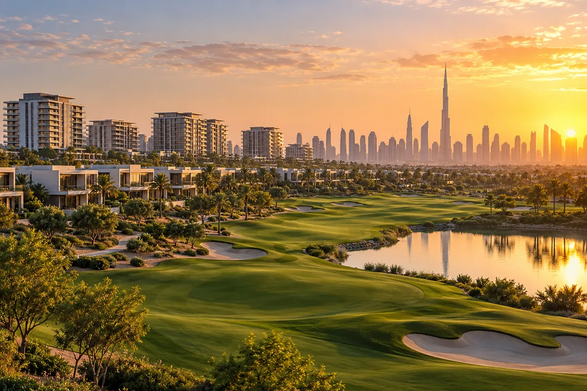 AI-generated illustration of a golf course and villas in Dubai Hills Estate at sunrise