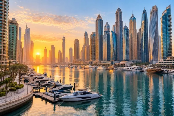 AI-generated illustration of Dubai Marina towers and yacht harbour at sunrise