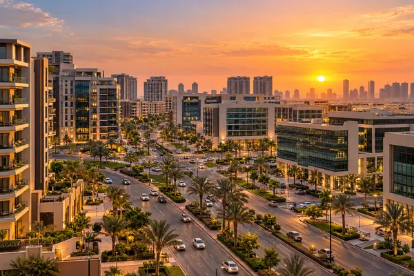 AI-generated illustration of office and apartment blocks in Dubai Production City at sunset