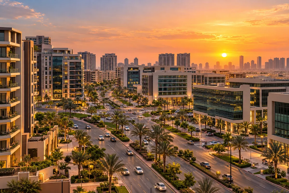 AI-generated illustration of office and apartment blocks in Dubai Production City at sunset