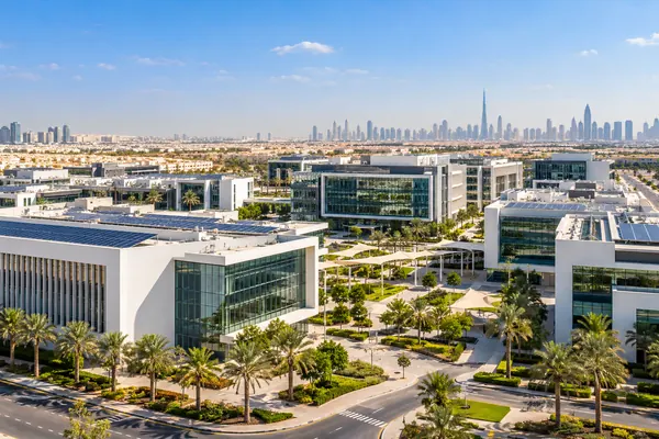 AI-generated illustration of the laboratory and office campus of Dubai Science Park with solar panels