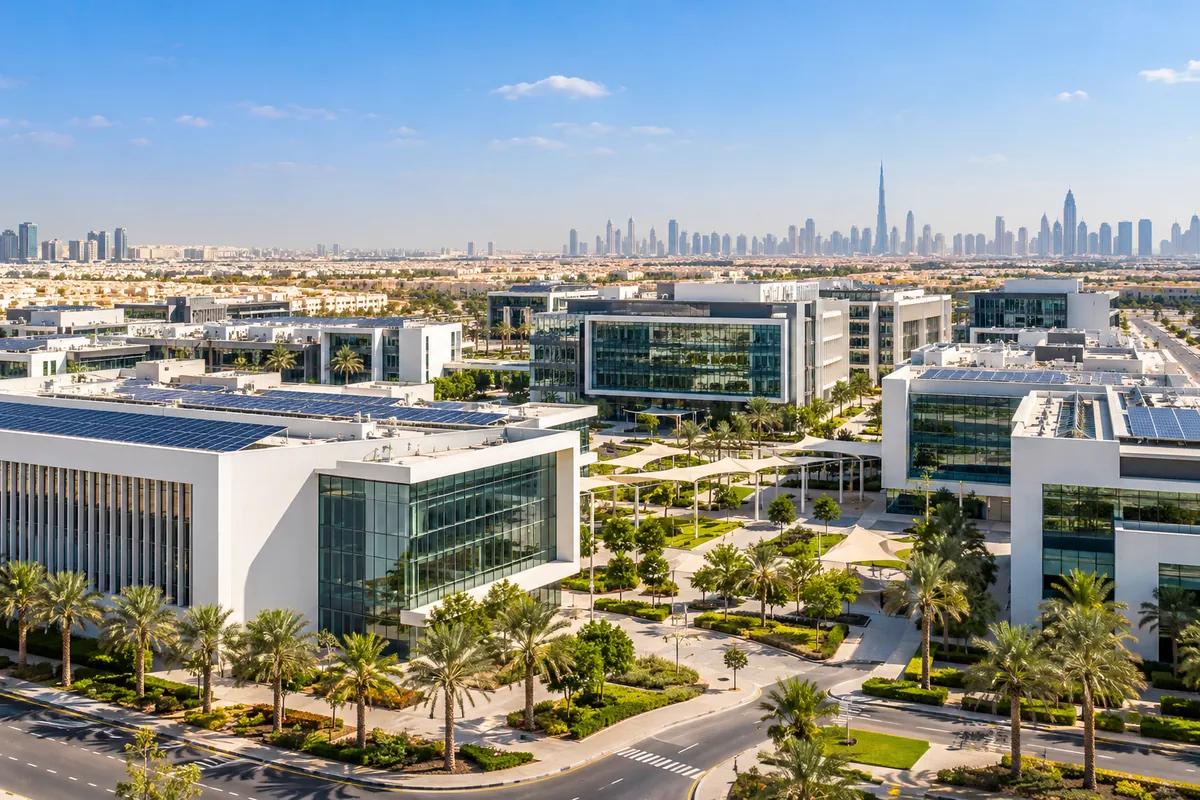 AI-generated illustration of the laboratory and office campus of Dubai Science Park with solar panels