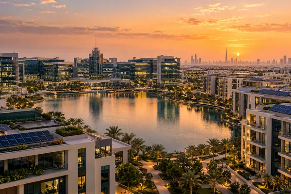 AI-generated illustration of a technology park around a lake in Dubai Silicon Oasis in the evening