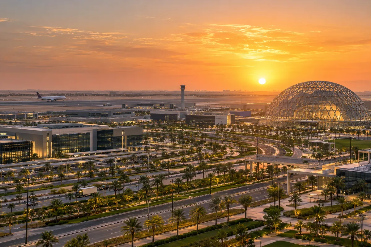 AI-generated illustration of Dubai South logistics and aviation district with a lattice dome at sunset