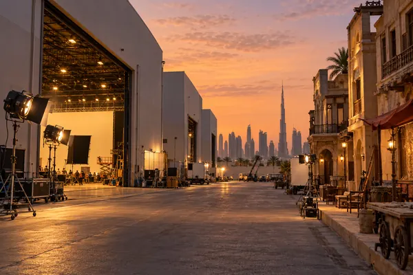 AI-generated illustration of film sound stages and a backlot street in Dubai Studio City at dusk