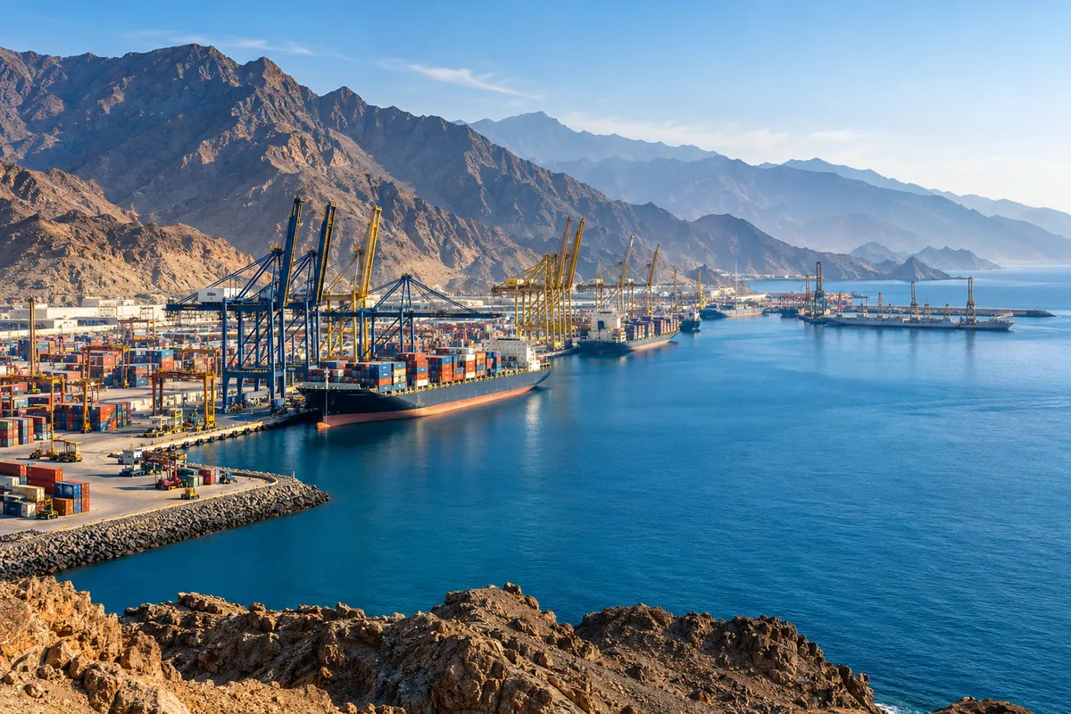 AI-generated illustration of the Fujairah port on the Gulf of Oman with the Hajar mountains behind