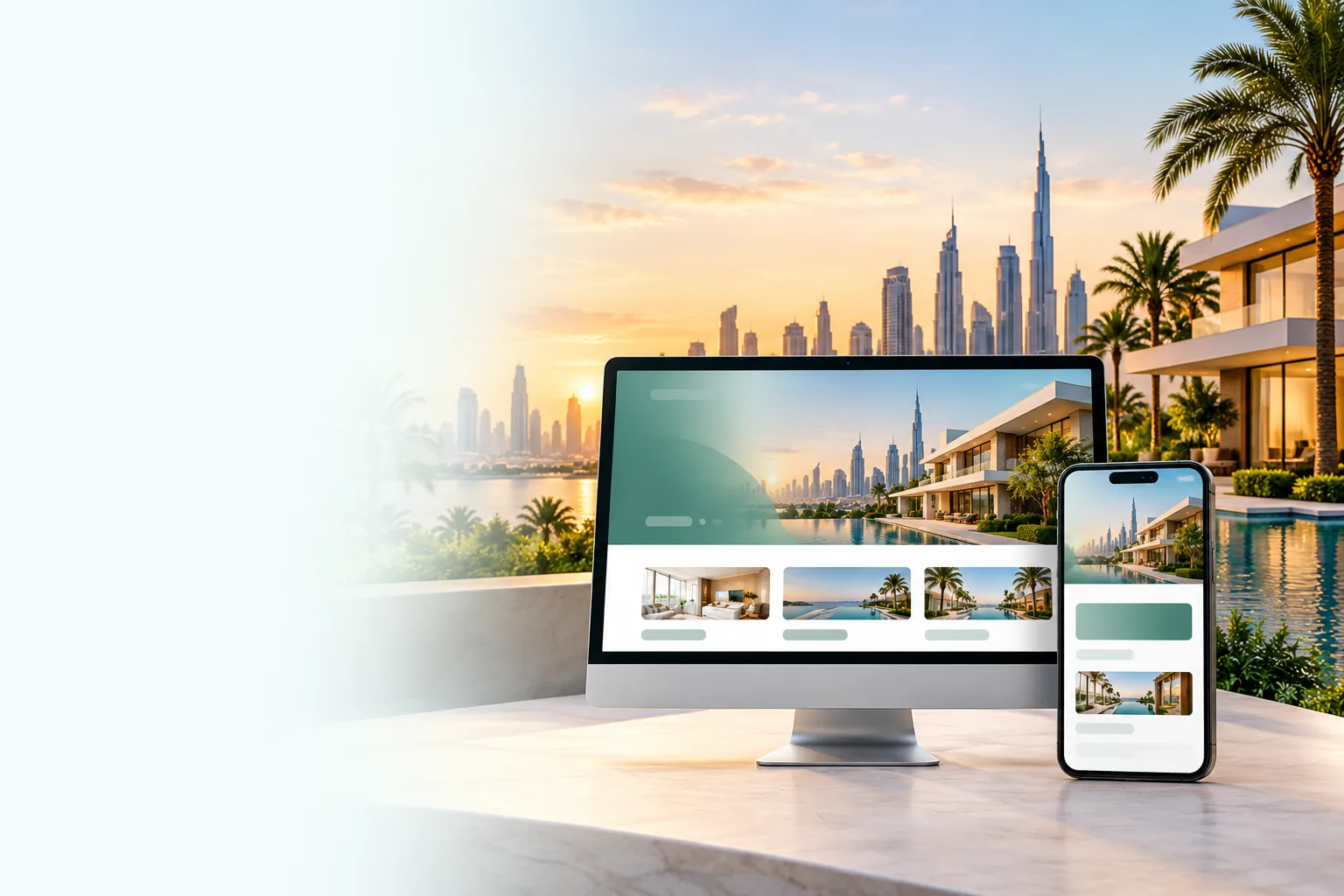 AI-generated illustration of a desktop monitor and a phone showing a business website, in front of the Dubai skyline, a villa and palm trees at sunset