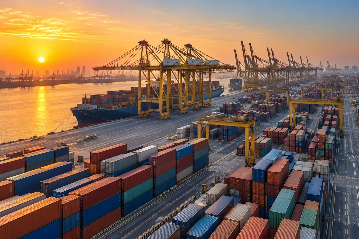 AI-generated illustration of a large port with container stacks and cranes at sunrise