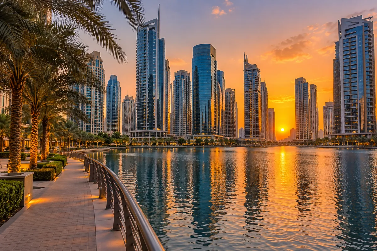 AI-generated illustration of lakeside towers and a palm-lined walkway at sunset
