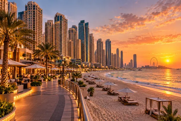 AI-generated illustration of the JBR beachfront promenade and towers at sunset