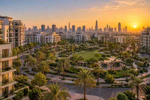 AI-generated illustration of the garden community of Jumeirah Village Circle at golden hour