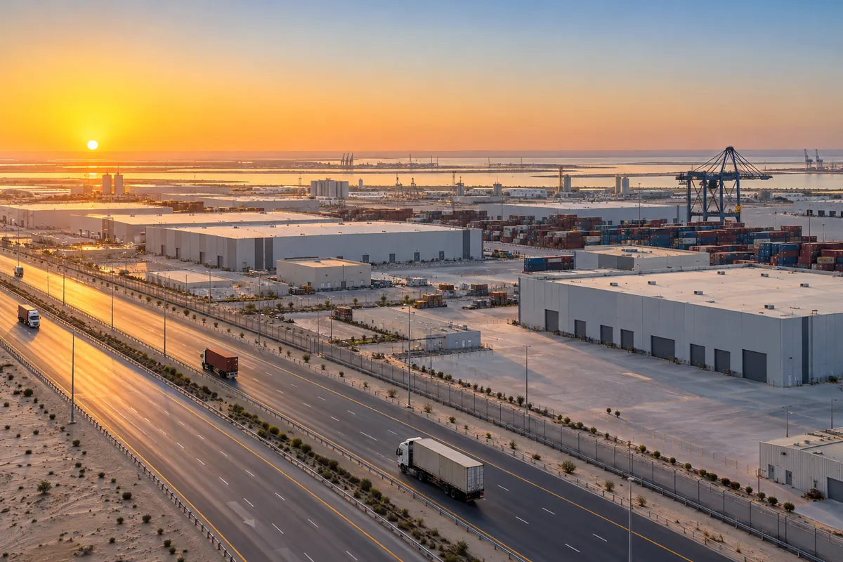 AI-generated illustration of warehouses, container stacks and a crane in the Khalifa Industrial Zone of Abu Dhabi at sunrise