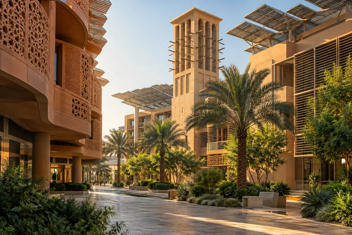 AI-generated illustration of sustainable desert architecture and a wind tower in Masdar City, Abu Dhabi