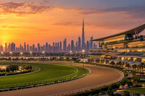 AI-generated illustration of the Meydan racecourse with the Dubai skyline at dusk