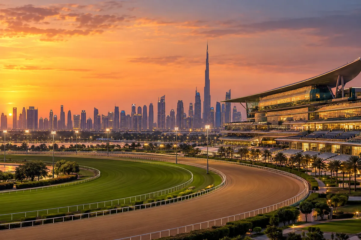 AI-generated illustration of the Meydan racecourse with the Dubai skyline at dusk
