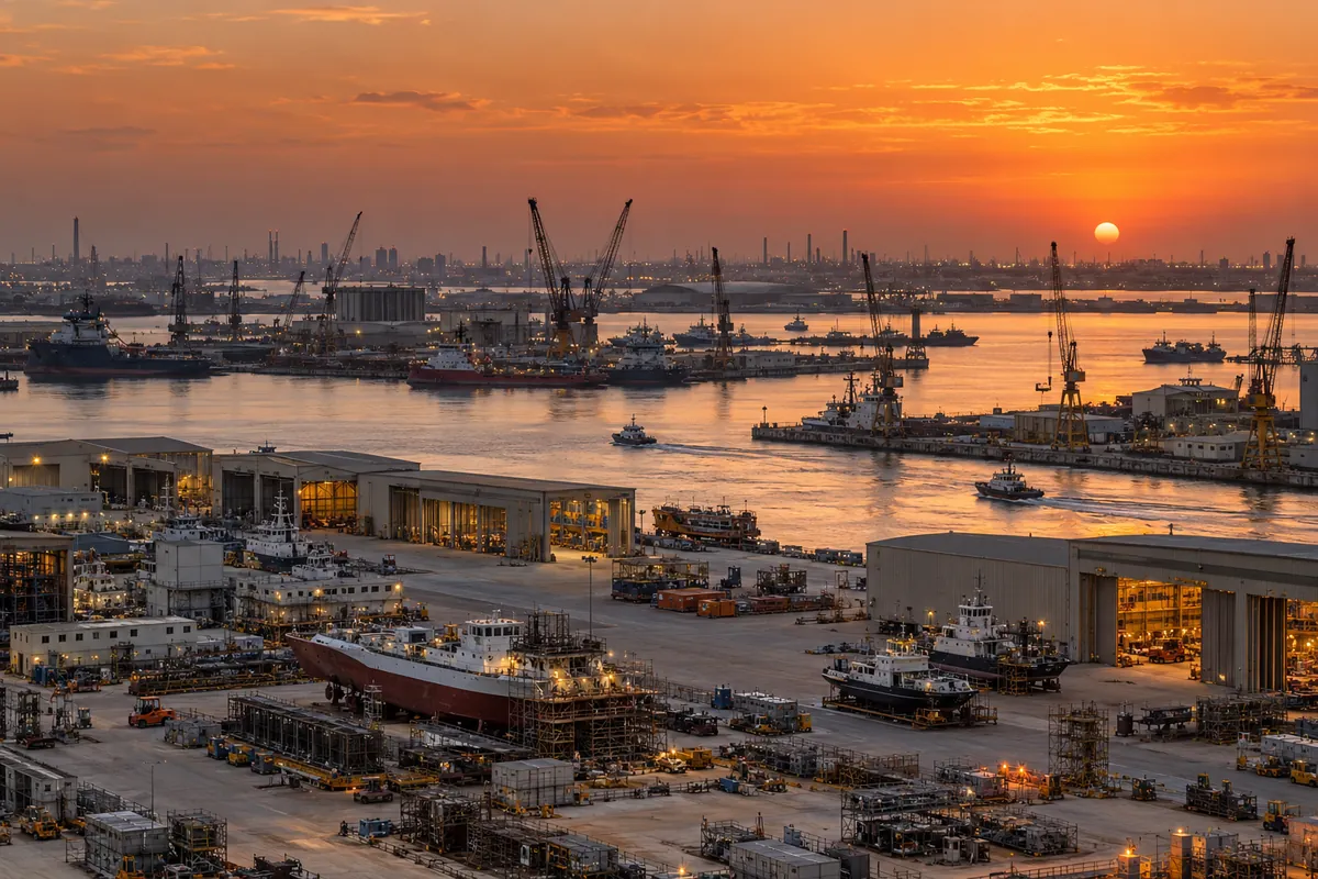 AI-generated illustration of shipyards and workshops in the Mussafah industrial area of Abu Dhabi at sunset