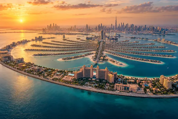 AI-generated aerial illustration of Palm Jumeirah at golden hour
