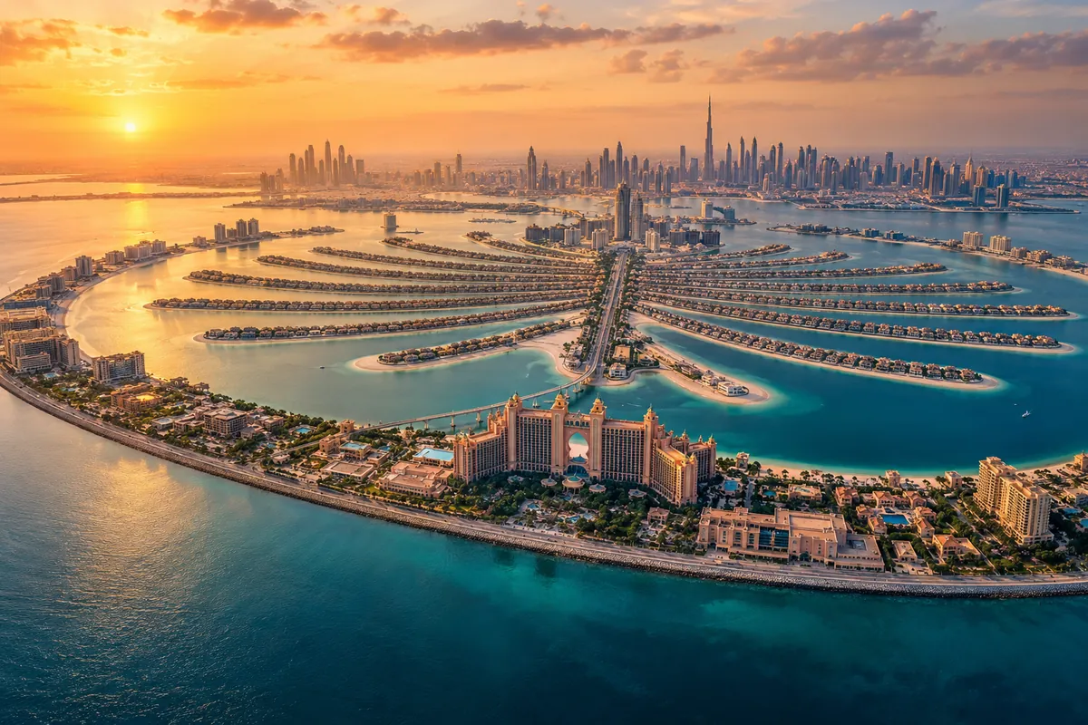 AI-generated aerial illustration of Palm Jumeirah at golden hour