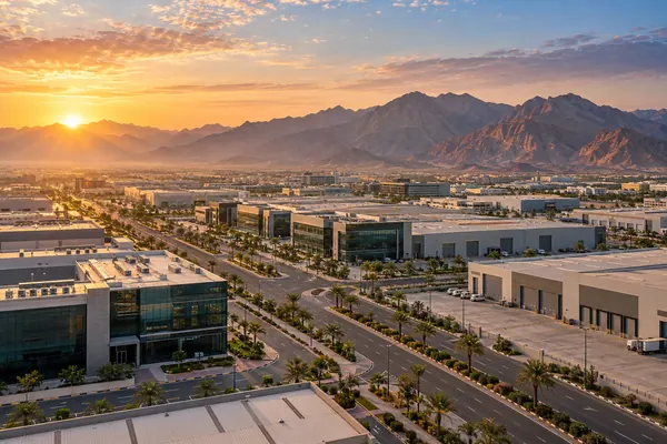 AI-generated illustration of factories and business buildings in the RAKEZ zone of Ras Al Khaimah with mountains behind