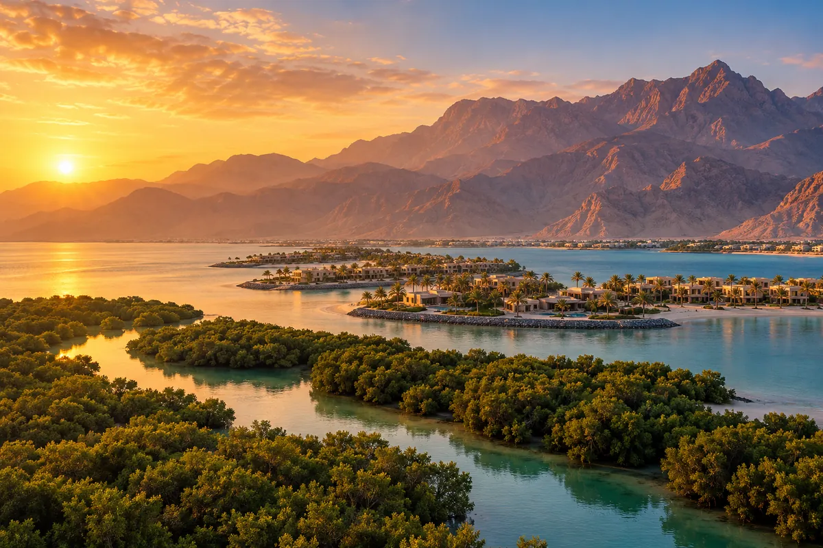 AI-generated illustration of mangroves and the Jebel Jais mountains in Ras Al Khaimah at golden hour